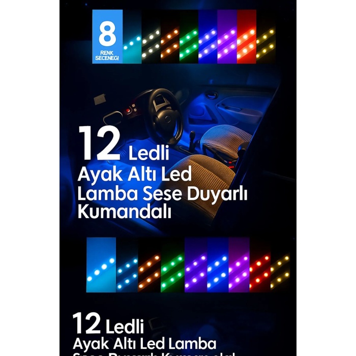 Araç Içi Ayak Altı Led Müziğe Ve Sese Duyarlı Rgb Renkli Kumandalı Led 12 Led