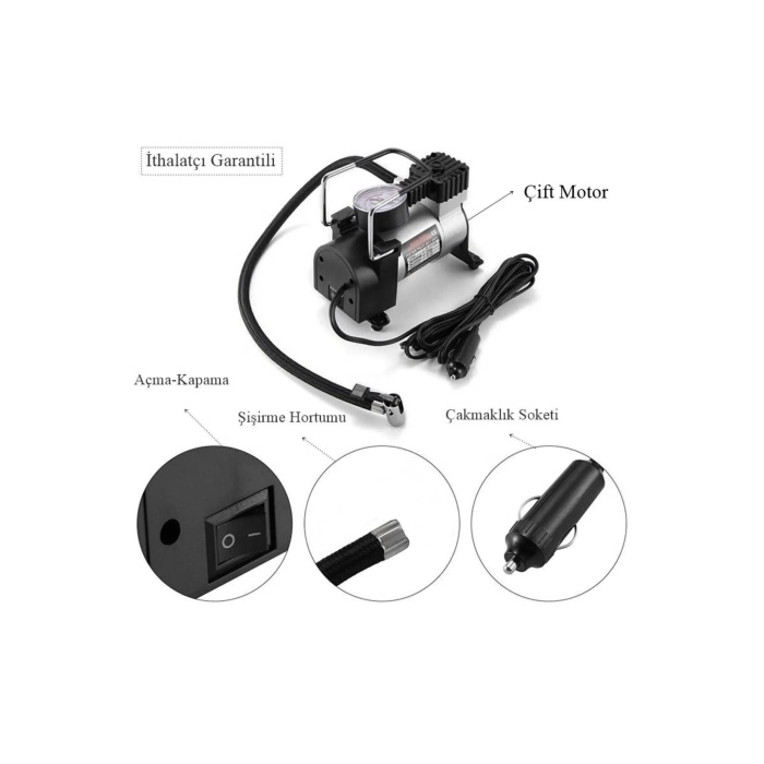 Metal Gövdeli Oto Lastik Şişirme Pompası – 12V Araç Tipi Hava Kompresörü (Çakmak Girişli)