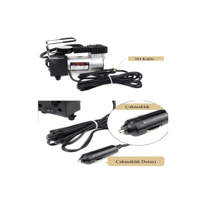 Metal Gövdeli Oto Lastik Şişirme Pompası – 12V Araç Tipi Hava Kompresörü (Çakmak Girişli)
