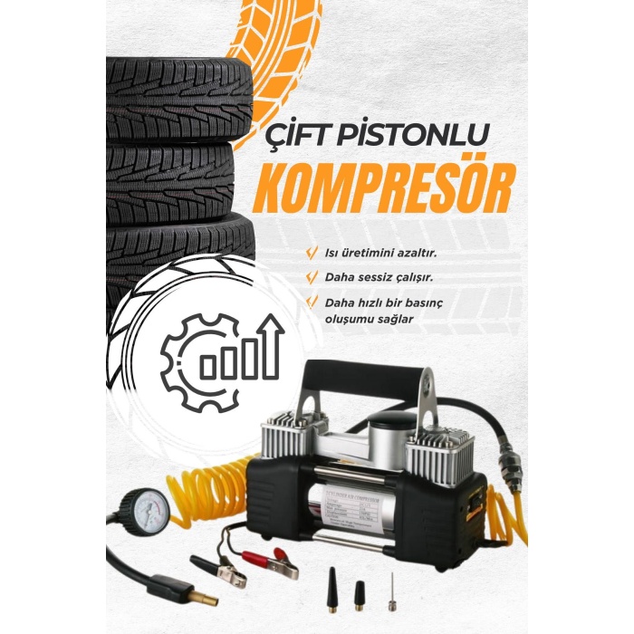 Çift Pistonlu Taşınabilir Oto Araç Lastik Kompresörü – 12V Yüksek Basınçlı Araba Hava Pompası