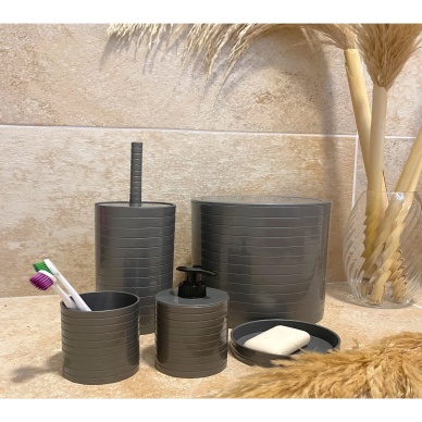 TOPTANBULURUM Banyo Seti 5li Gri Çöp Kovası Wc Fırçalık Sıvı Sabunluk Katı Sabunluk