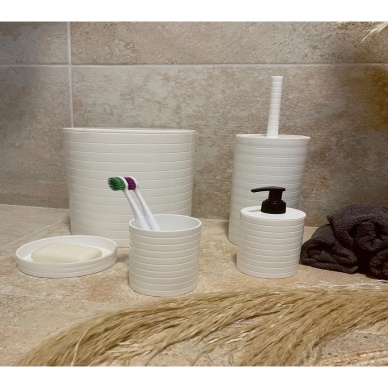 TOPTANBULURUM Banyo Seti 5li Beyaz Çöp Kovası Wc Fırçalık Sıvı Sabunluk Katı Sabunluk