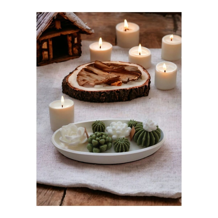 Saksıda Kaktüs Seti - 8’li Mini Dekoratif Sukulent, Kokulu, Hediyelik Mum Seti %100 Soya Wax