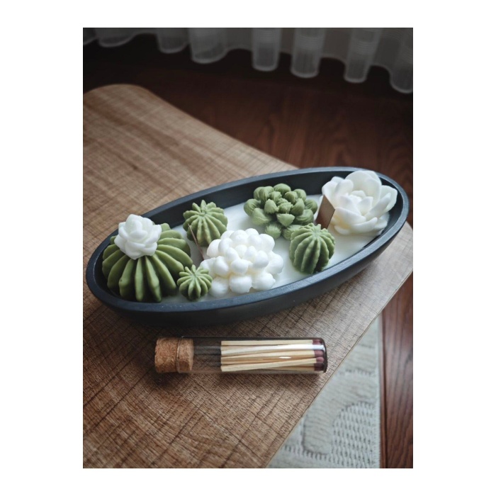 Saksıda Kaktüs Seti - 8’li Mini Dekoratif Sukulent, Kokulu, Hediyelik Mum Seti %100 Soya Wax