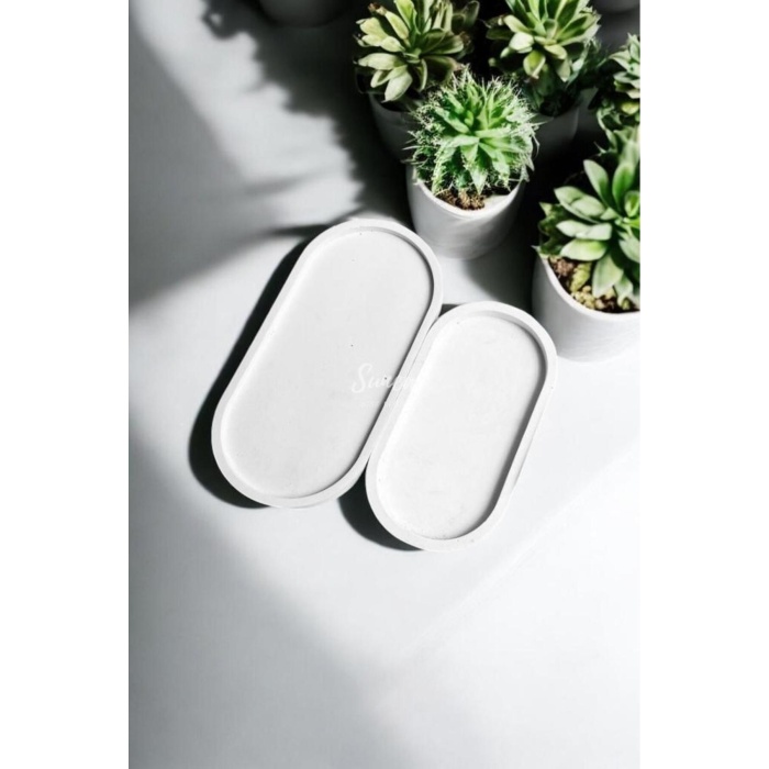 2li Beton Sunum Tepsisi, 2li Beton Saksı Altlığı 2li Dekoratif Tabak, Banyo Organizer, Oval Tepsi