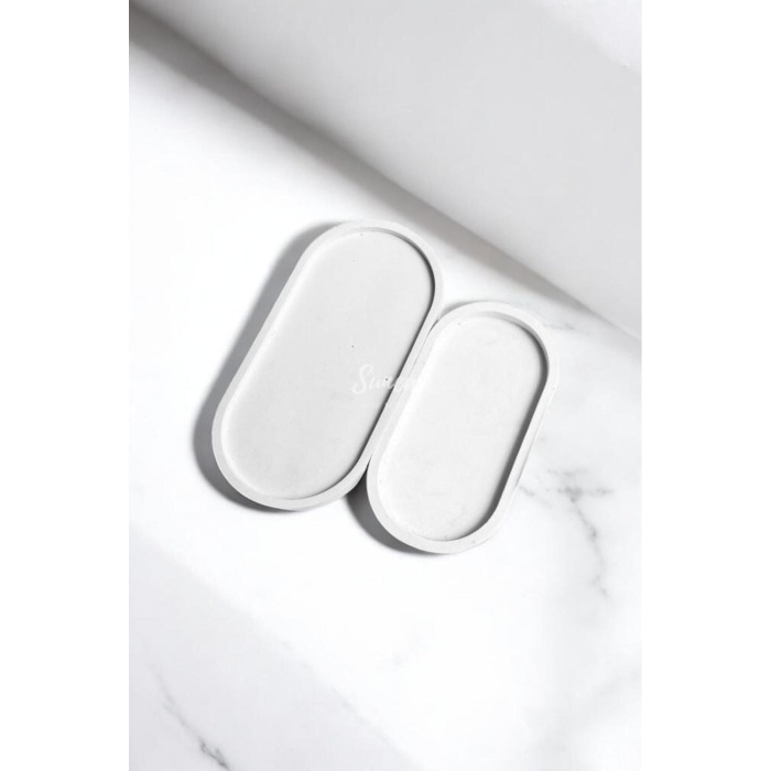 2li Beton Sunum Tepsisi, 2li Beton Saksı Altlığı 2li Dekoratif Tabak, Banyo Organizer, Oval Tepsi