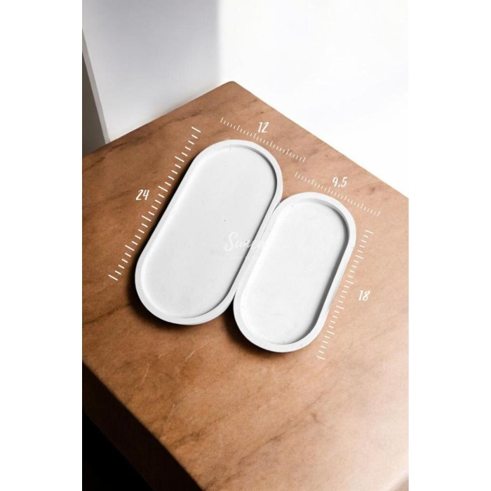 2li Beton Sunum Tepsisi, 2li Beton Saksı Altlığı 2li Dekoratif Tabak, Banyo Organizer, Oval Tepsi