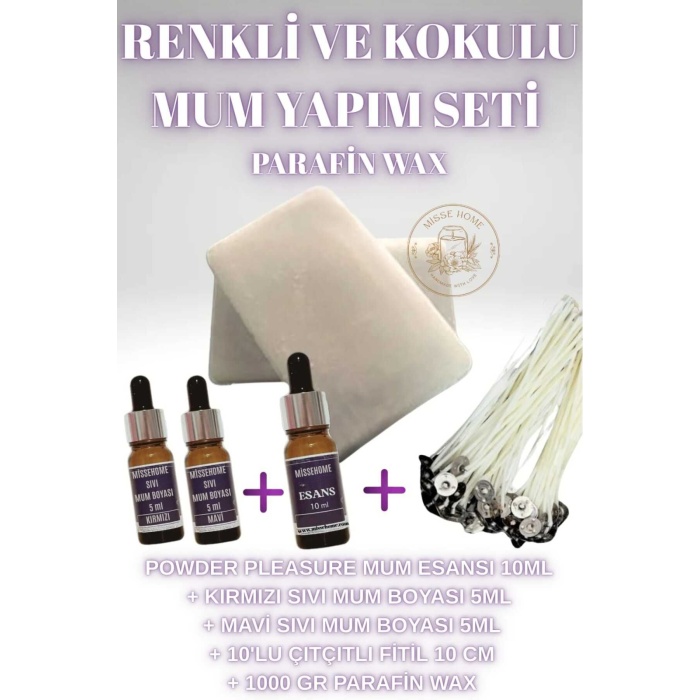 Mum Yapım Seti Parafin Wax 1 kg + Mum Esansı 10ml + 2 Adet Sıvı Mum Boyası 5ml + 10 lu Fitil 10cm
