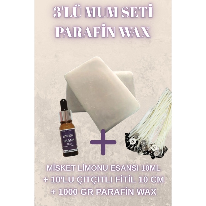 Mum Yapım Seti Parafin Wax 1 Kg-Mum Esansı 10ml-10 Lu Fitil 10cm Mum Yapma Seti