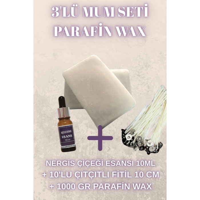 Mum Yapım Seti Parafin Wax 1 Kg-Mum Esansı 10ml-10 Lu Fitil 10cm Mum Yapma Seti