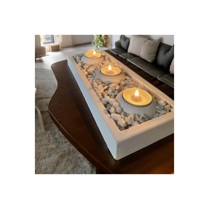 3 Lü Beton Tabaklı Mumluk Set Dekoratif Mumluk Hediyelik Eşy