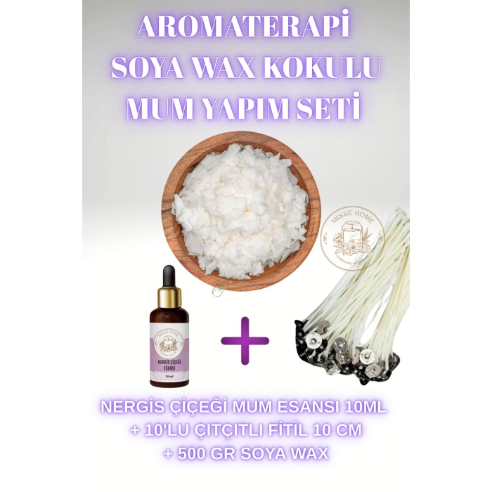 Mum Yapım Seti Soya Wax 500 Gr.-Mum Esansı 10ml-10 Lu Fitil 10cm Mum Yapma Seti