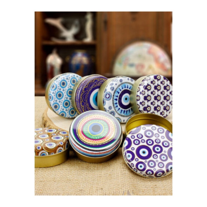 5 Adet Nazar Desen 100CC Yuvarlak Dekoratif Mum Teneke Kutu 7X3CM