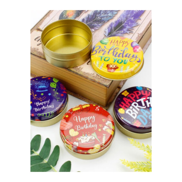 5 Adet Happy Birthday 100CC Yuvarlak Dekoratif Mum Teneke Kutu 7X3CM