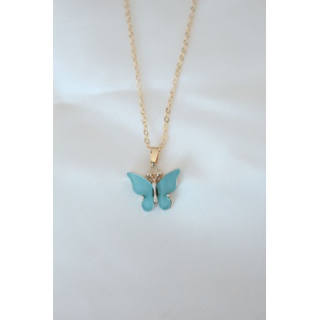 Gold Kaplama Turkuaz Renk Sedefli Kelebek Kolye - TJ-BKO6437