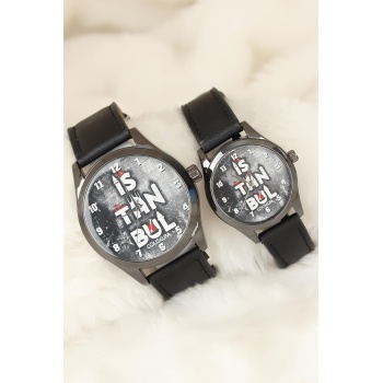 Siyah Renk Deri Kordonlu İstanbul Tasarımlı Sevgili Saatleri - TJ-SGK1369