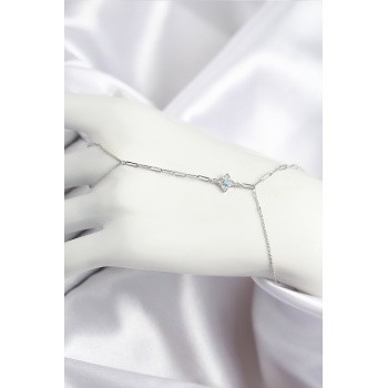 Pirinç Zirkon Taşlı Mavi Boncuklu Yonca Model Gümüş Renk Şahmeran - TJ-SN720