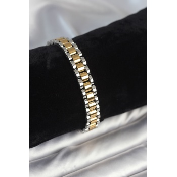 316L Çelik Gold ve Gümüş Renk 9 mm Kalınlık Erkek Bileklik - TJ-EB3769