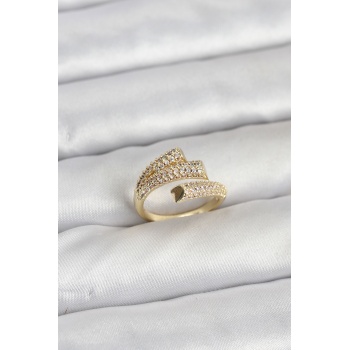 Gold Renk Zirkon Taşlı Pirinç Kadın Yüzük - TJ-BYK3919
