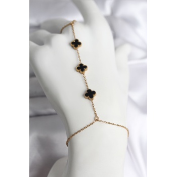 316L Çelik Gold Renk Siyah Yonca Model Kadın Şahmeran - TJ-SN736