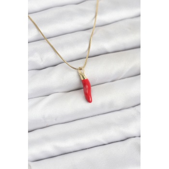 316L Çelik Gold Renk Kapya Kırmızı Biber Model Kadın Kolye - TJ-BKO10810