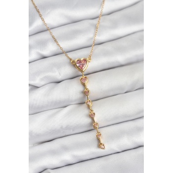 316L Çelik Zincir Gold Renk Pembe Kalp Kadın Kolye - TJ-BKO10820