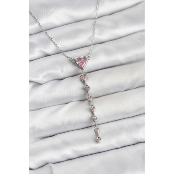 316L Çelik Zincir Gümüş Renk Pembe Kalp Kadın Kolye - TJ-BKO10821