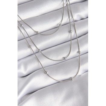 316L Çelik Gümüş Renk 3lü Topçuk Detay Kadın Kolye - TJ-BKO8313