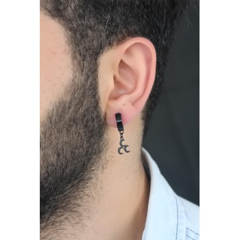 Siyah Renk Kaplama 3 Hilal Figürlü Çelik Kıstırmalı Erkek Küpe - TJ-EKP133