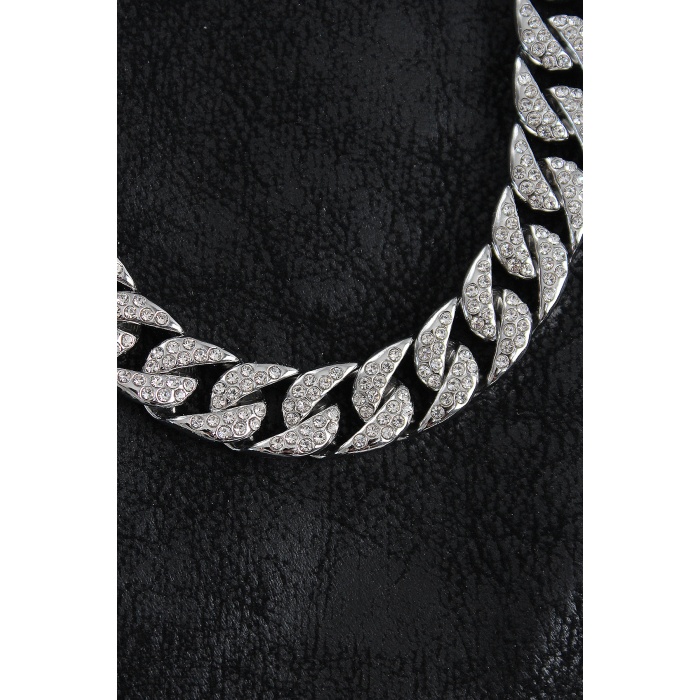 Pirinç Zirkon Taşlı Cuba Gurmet Model Gümüş Renk Erkek Kolye - TJ-ERK1404