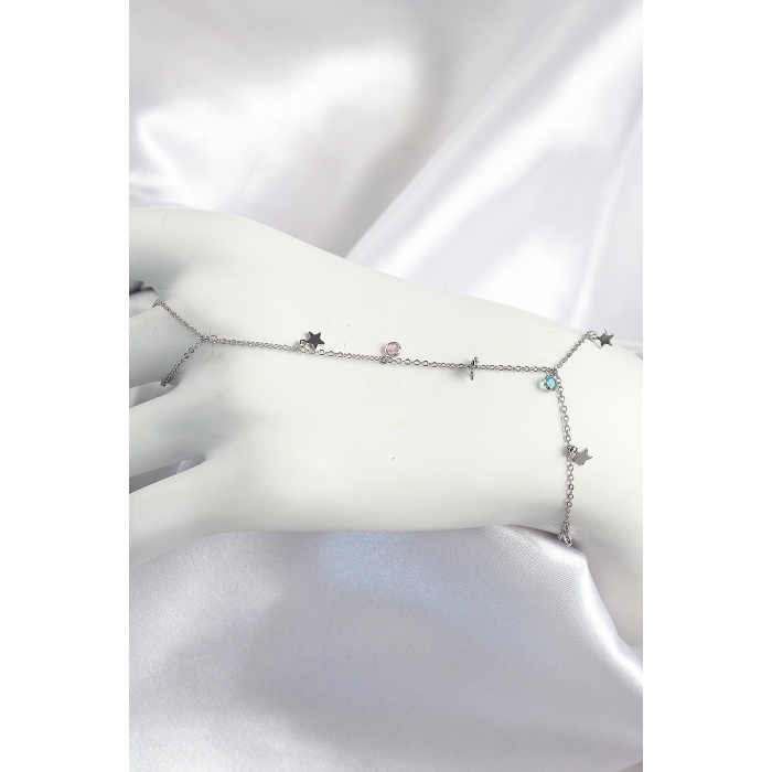 Pirinç Renkli Zirkon Taşlı Sallantılı Yıldızlı Model Gümüş Renk Kadın Şahmeran - TJ-SN708