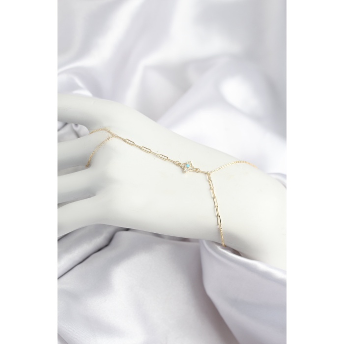 Pirinç Zirkon Taşlı Mavi Boncuklu Yonca Model Gold Renk Şahmeran - TJ-SN721