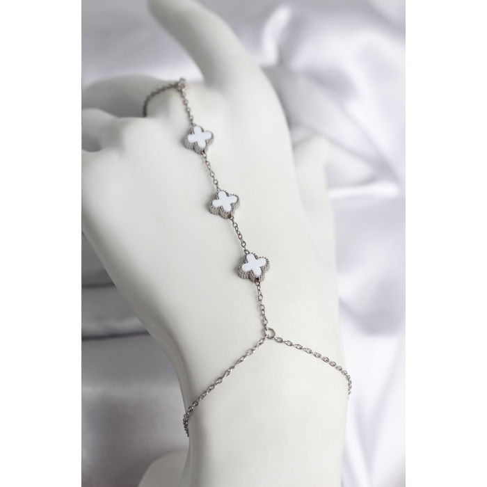 316L Çelik Gümüş Renk Beyaz Yonca Model Kadın Şahmeran - TJ-SN735