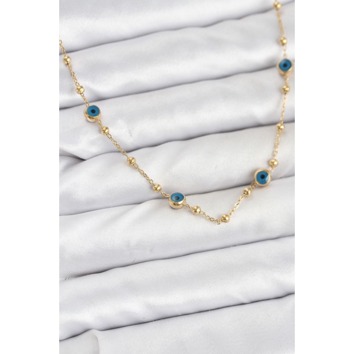 316L Çelik Gold Renk Nazarlı ve Topçuklu Model Kadın Kolye - TJ-BKO10814