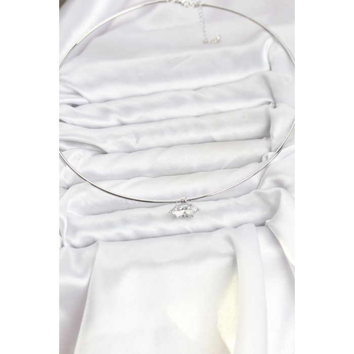 Pirinç Gümüş Renk Choker Model Zirkon Taşlı Kadın Kolye - TJ-BKO10816