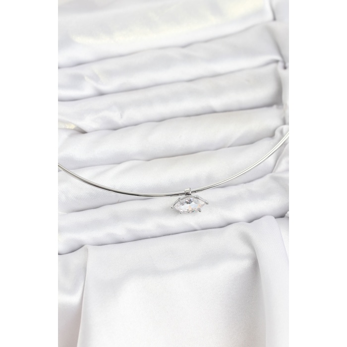Pirinç Gümüş Renk Choker Model Zirkon Taşlı Kadın Kolye - TJ-BKO10816