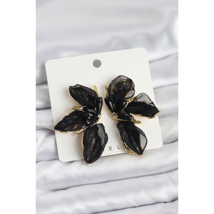 Lotus Model Siyah Renk Tüllü Kadın Küpe - TJ-BKP11630