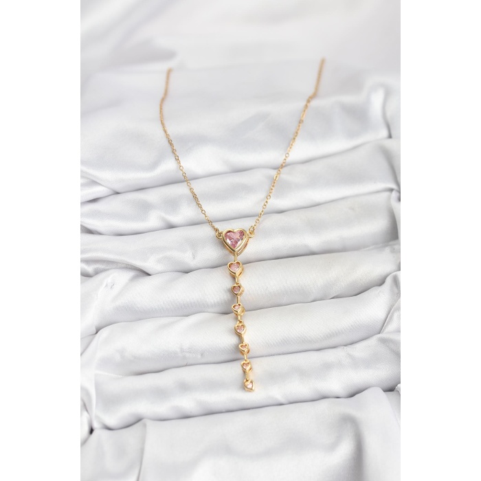 316L Çelik Zincir Gold Renk Pembe Kalp Kadın Kolye - TJ-BKO10820