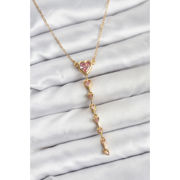 316L Çelik Zincir Gold Renk Pembe Kalp Kadın Kolye - TJ-BKO10820