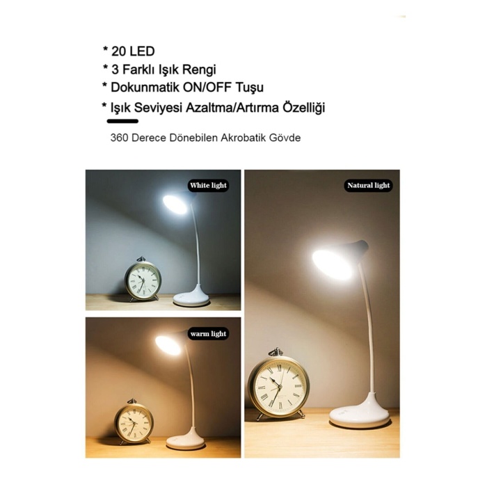 PS-1918 Şarjlı Dokunmatik 20 Led 3 Kademeli Ayarlanabilir Renk Tonu Ve Parlaklık Masa Lambası