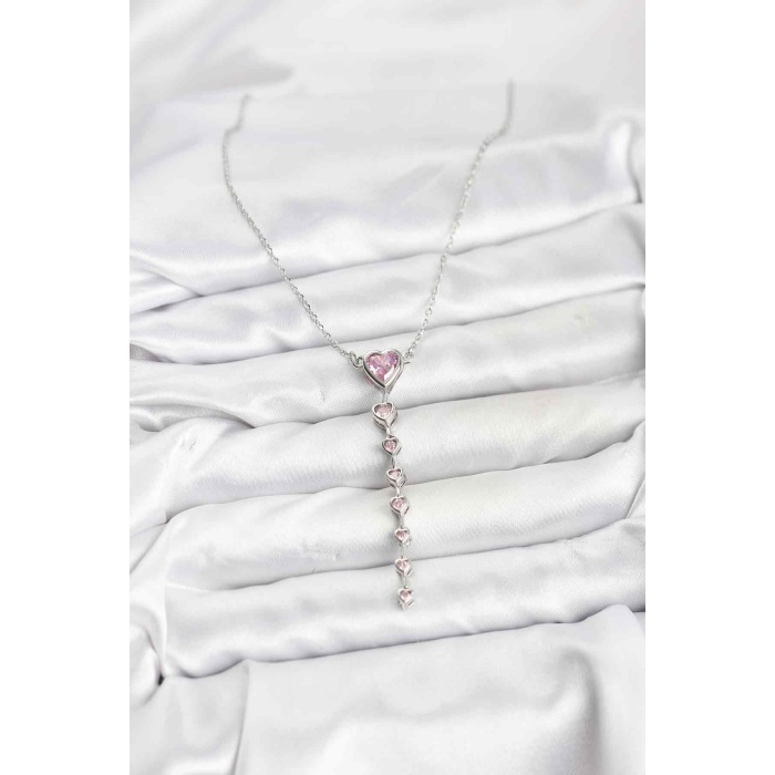 316L Çelik Zincir Gümüş Renk Pembe Kalp Kadın Kolye - TJ-BKO10821