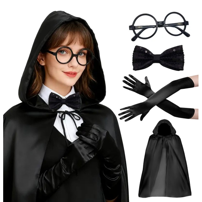 Siyah Kapüşonlu Büyücü ve Cadı Pelerin Kostüm Seti (4 Parça)