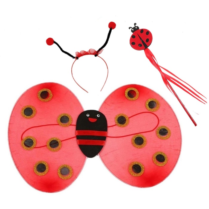 Çocuk Gösteri İçin Uğur Böceği Kanat + Taç + Asa 3 lü Kostüm Seti