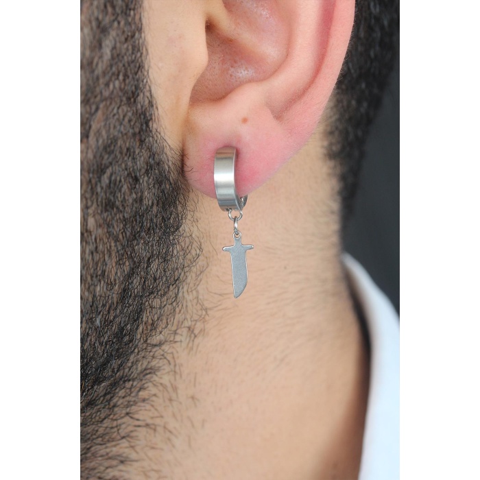 Silver Renk Kaplama Kılıç Figürlü Çelik Kıstırmalı Erkek Küpe - TJ-EKP129