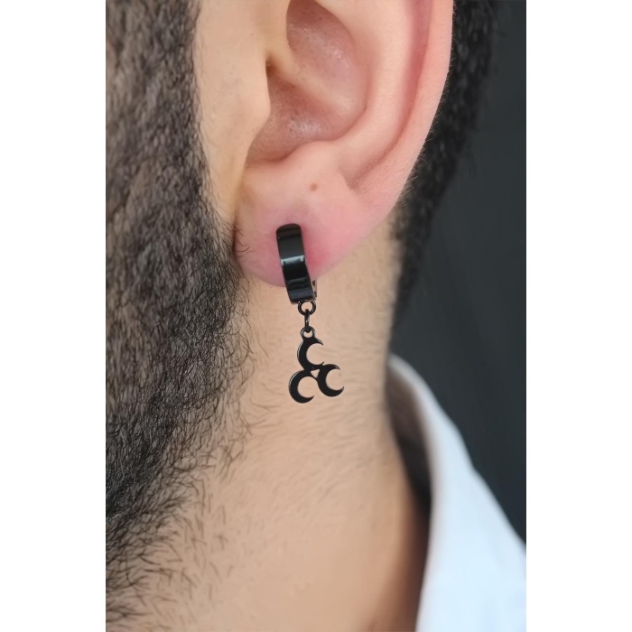 Siyah Renk Kaplama 3 Hilal Figürlü Çelik Kıstırmalı Erkek Küpe - TJ-EKP133