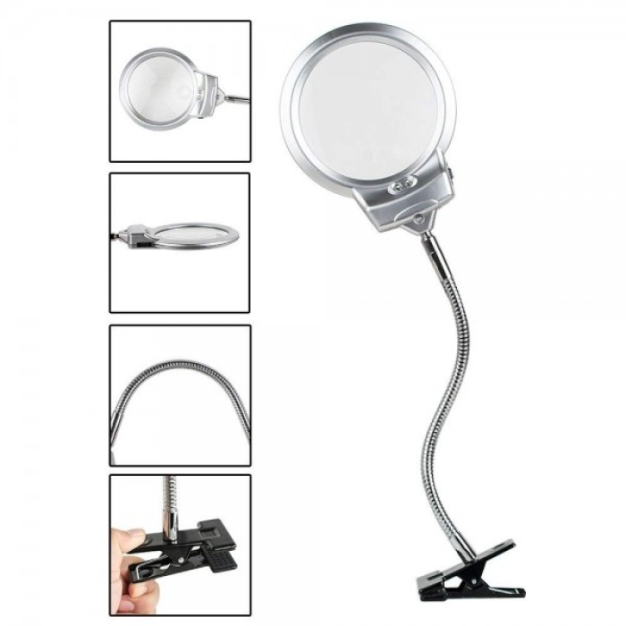 2.5 X 130 MM 5X24 MM LED Aydınlatmalı Büyüteç Masa üstü Metal Hortum Mandallı MG15124-C