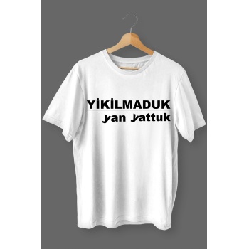 Yıkılmaduk Yan Yattuk Baskılı Pamuklu Likralı T-shirt (Siyah Yazılı Beyaz) S Beden