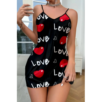 Love Desenli Siyah Saten Gecelik