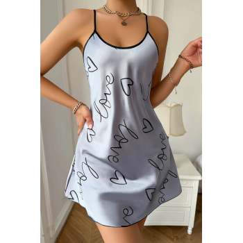 Love Baskılı Gri Saten Gecelik