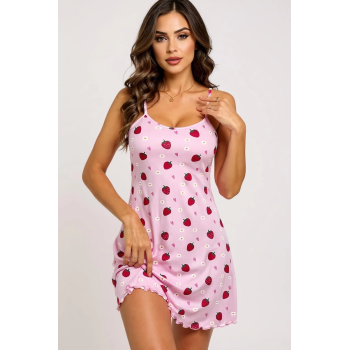 Pembe Çilek Desenli Askılı Kadın Gecelik